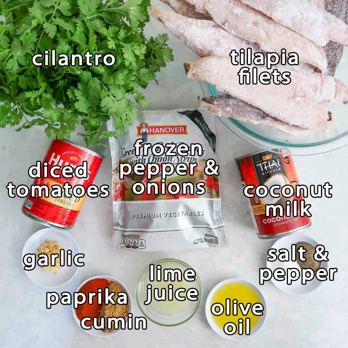 Overhead shot of ingredients - cilantro, tilapia filets, frozen pepper & onions, coconut milk, diced tomatoes, garlic, paprika, cumin, lime juice, olive oil, salt, and pepper.