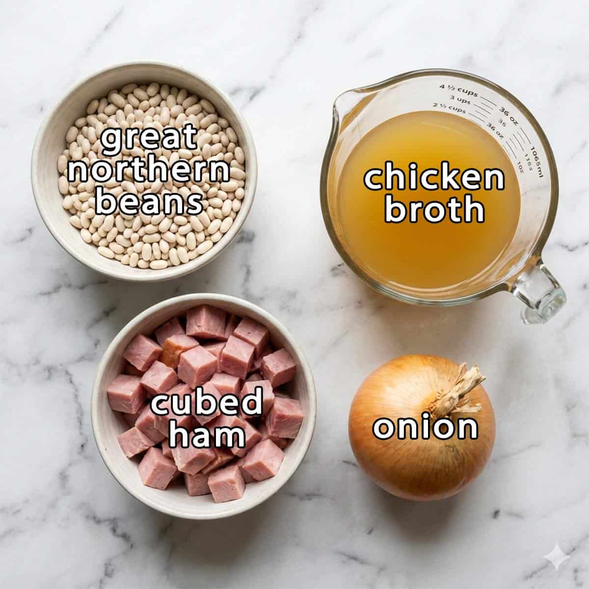 Overhead view of process shot 1 - great northern beans, chicken broth, cubed ham, and an onion.
