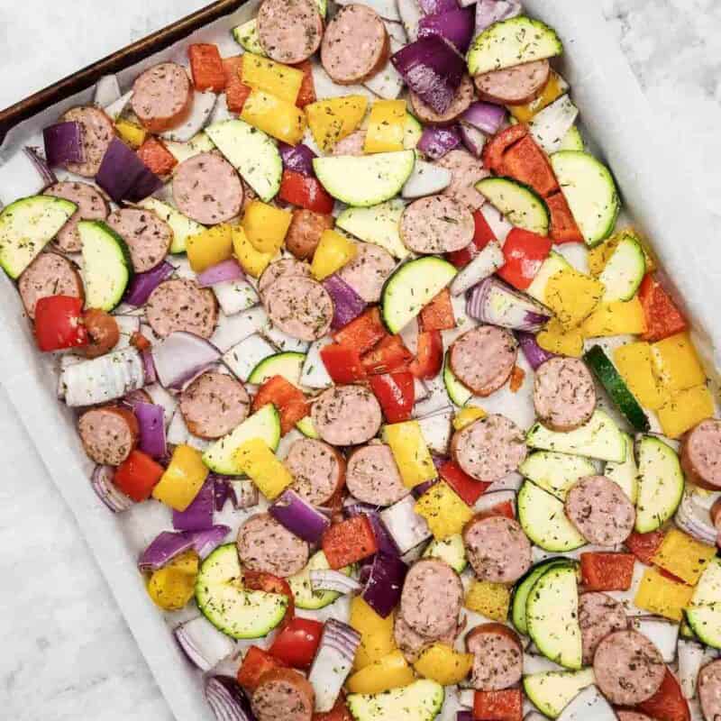 Overhead view of process shot 4 - mix the kielbasa and veggies well and bake!