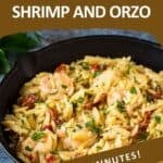 Side shot of shrimp and orzo garnished with fresh herbs in a cast iron skillet on a blue surface with fresh herbs in the background.