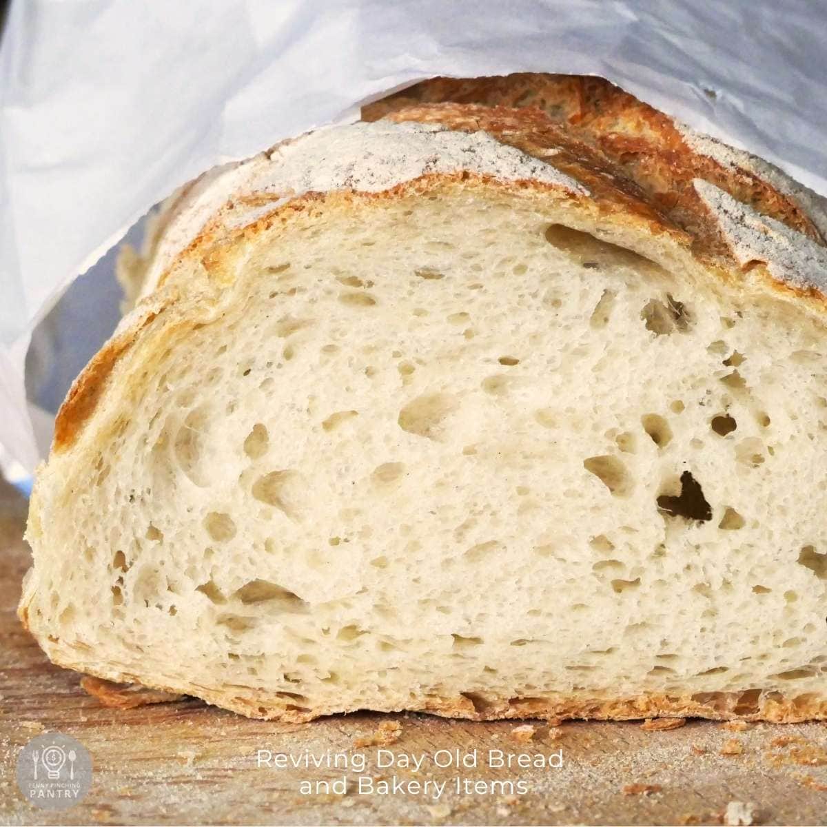 Cross section view of crusty bread to illustrate the concept of reviving day old bread.