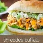Side shot of buffalo chicken sandwiches garnished with fresh herbs with a celery stick on the side on a white plate.