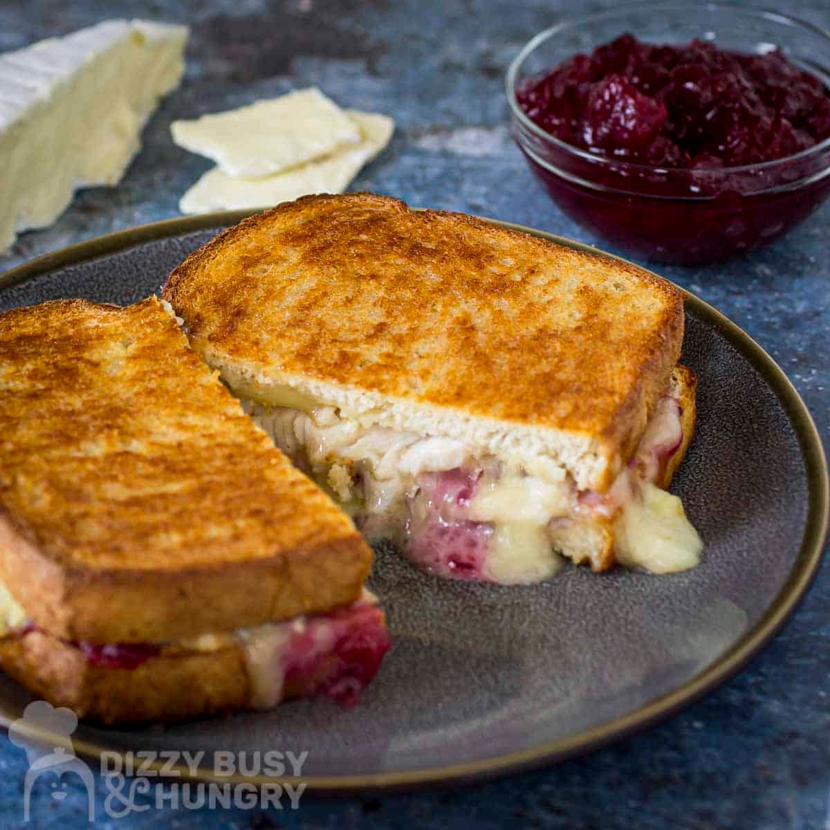Side shot of turkey and brie grilled cheese cut in half on a black speckled plate with sliced brie and cranberry sauce in the background.