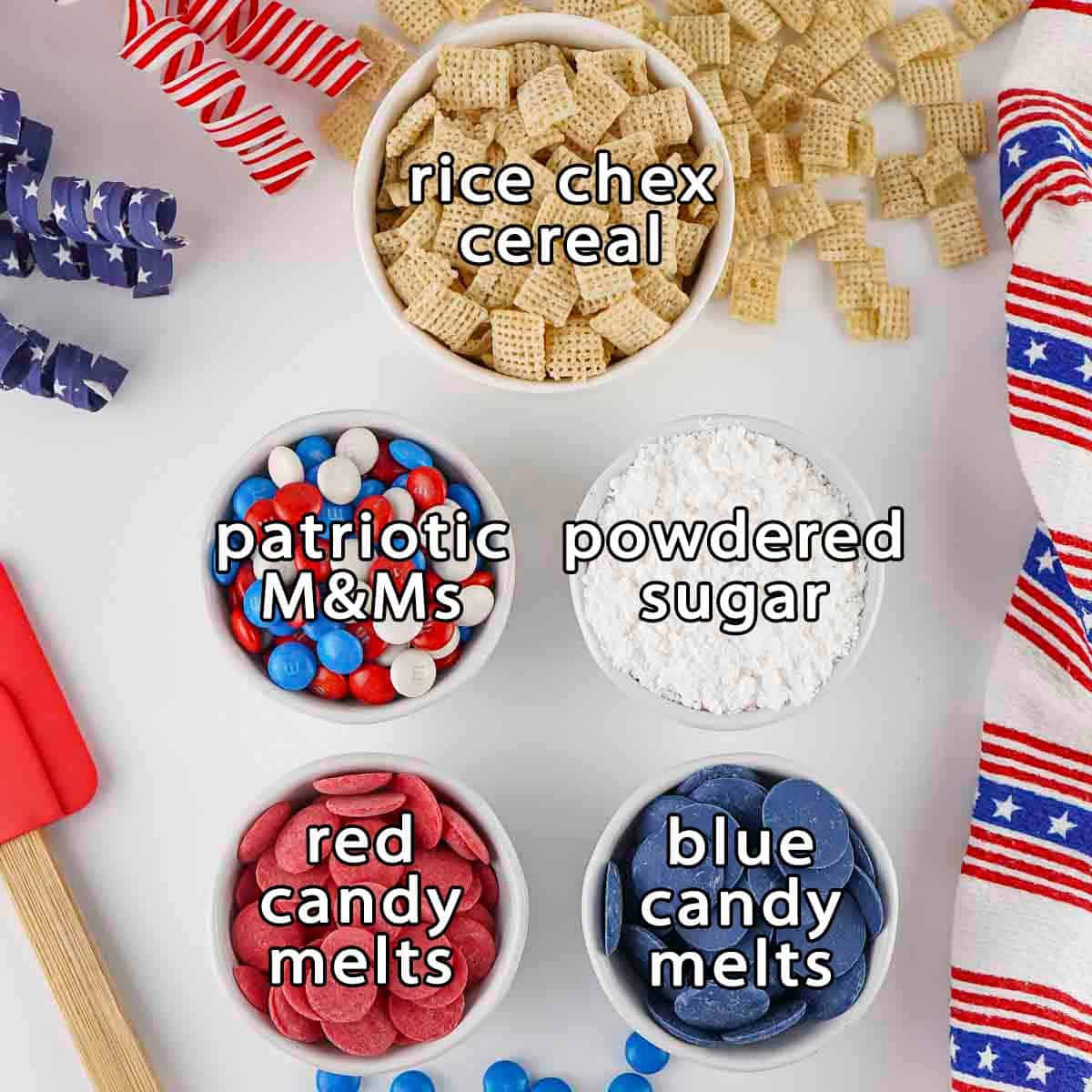 Overhead shot of ingredients - rice chex cereal, patriotic M&Ms, red and blue candy melts, and powdered sugar.