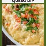 Close up shot of queso dip garnished with parsley and diced tomatoes in a white oval serving dish.