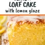 Side shot of lemon loaf cake sliced in the middle with lemon glaze on a wooden surface.