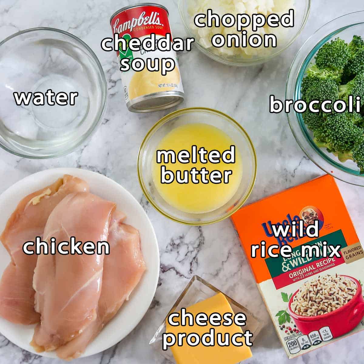 Overhead shot of ingredients - water, cheddar soup, chopped onion, broccoli, melted butter, wild rice mix, cheese product, and chicken.