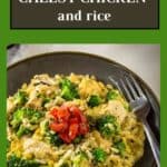 Side angled shot of cheesy chicken and rice garnished with herbs and fresh tomatoes in a brown bowl with a fork on the side.
