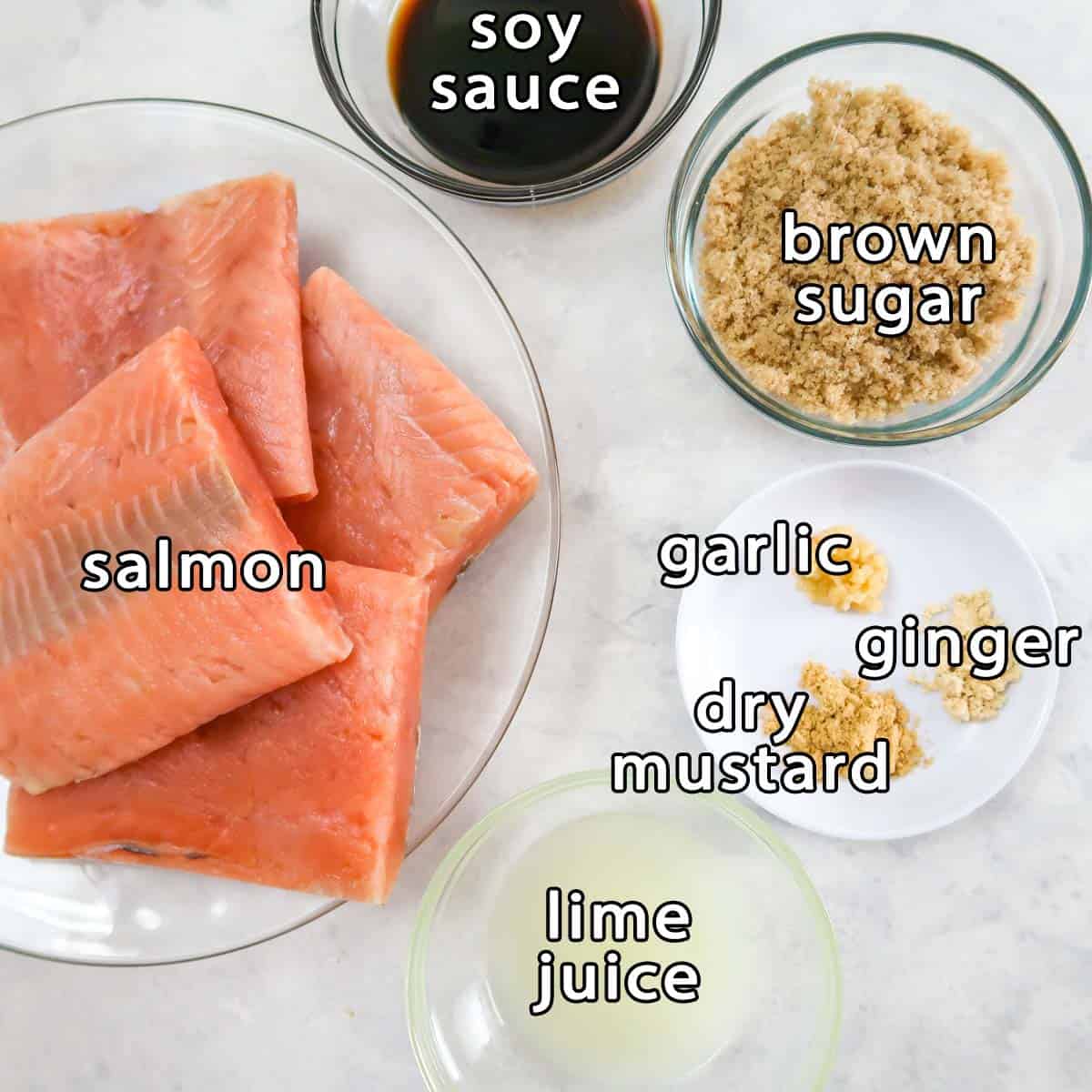 Overhead shot of ingredients - salmon, soy sauce, brown sugar, lime juice, garlic, ginger, and dry mustard.