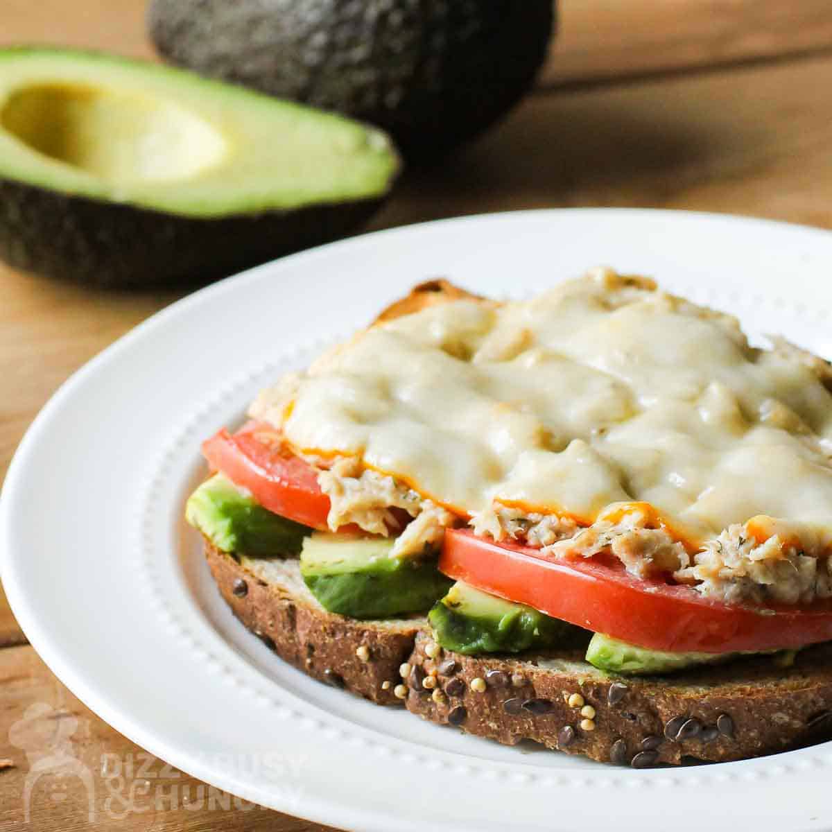 Side close up shot of tuna melt with avocado on a white plate with half an avocado in the background.