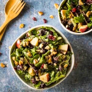 Side shot of apple walnut salad in a white bowl with cranberries, walnuts, and wooden cutlery on the side.