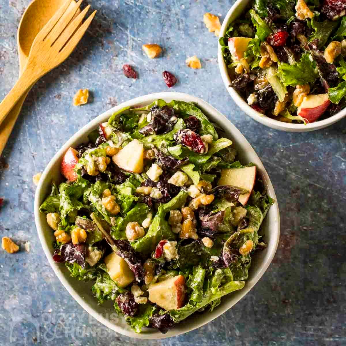 Side shot of apple walnut salad in a white bowl with cranberries, walnuts, and wooden cutlery on the side.