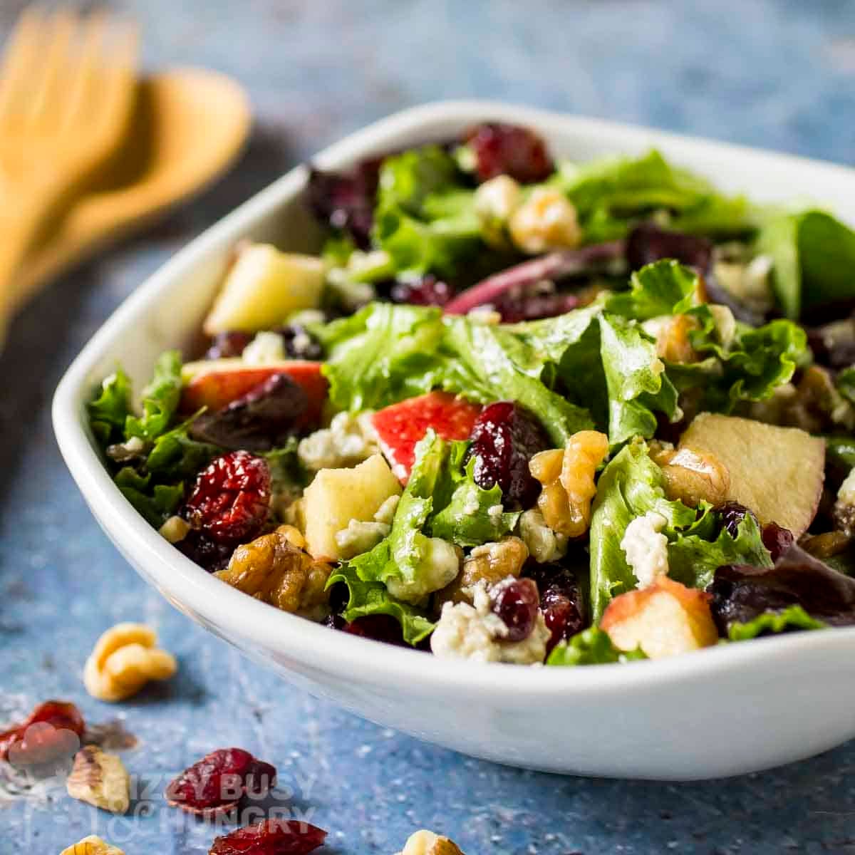 Side shot of apple walnut salad in a white bowl with cranberries, walnuts, and wooden cutlery on the side.