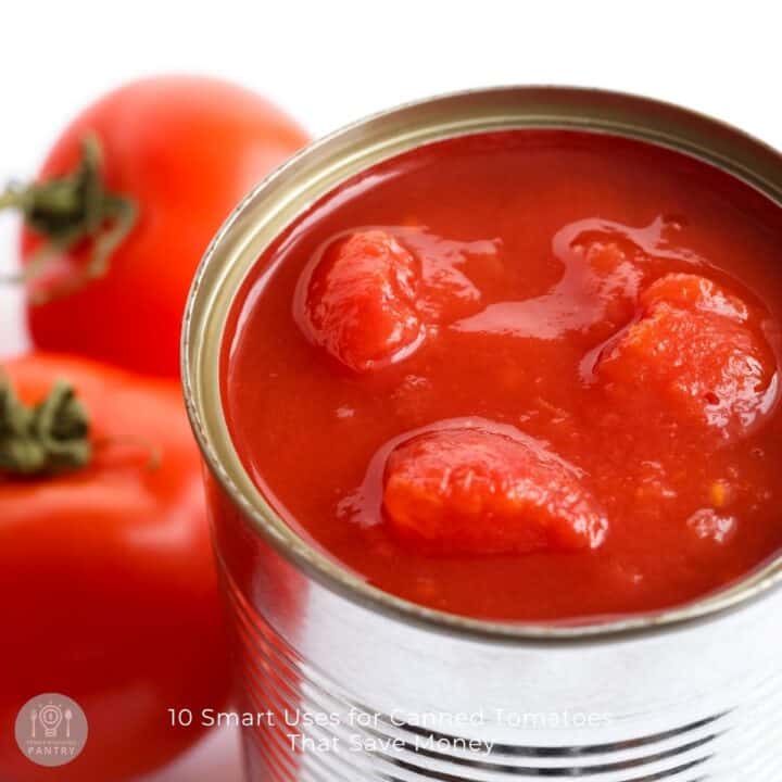 Close up photo of a can of tomatoes to introduce the article on the uses of canned tomatoes.