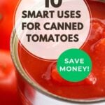 A photo of canned tomatoes with fresh tomatoes in the background.