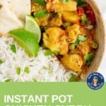 Close up shot of chicken curry with rice and pita bread slices in a brown speckled bowl garnished with fresh parsley and two lime wedges.