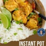 Close up shot of chicken curry with rice and pita bread slices in a brown speckled bowl garnished with fresh parsley and two lime wedges with a spoon on the side.