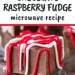 Side shot of multiple pieces of fudge drizzled with red and white melted chocolate.